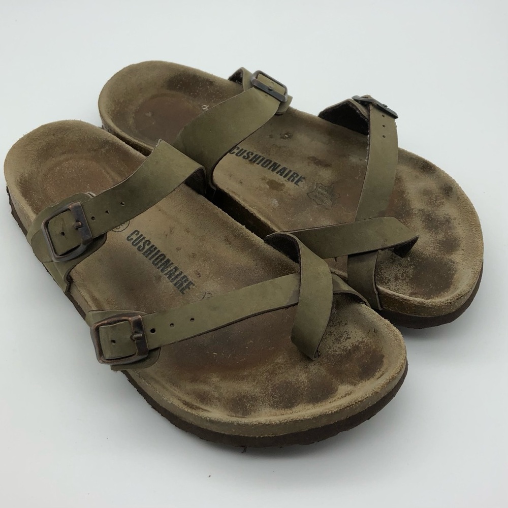 Cushionaire Luna Sandals Womens 8 Tan Beige Leather Buckle Strap Slip On‎